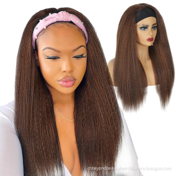 Brown Natural Black Long Kinky Straight Headband Synthetic Hair Wigs For African American Women Natural Black Afro Wig